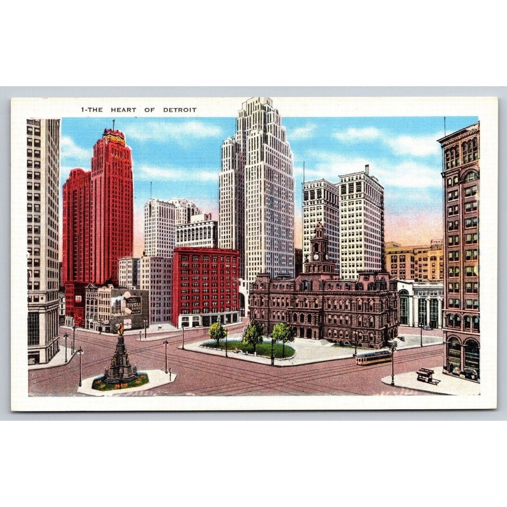 Vtg Detroit Michigan Postcard Heart of Detroit Campus Martius City Hall Linen